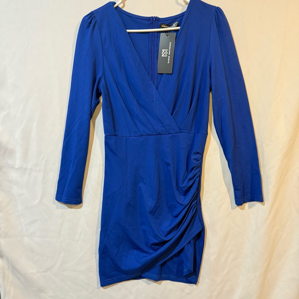 Sarin Mathews Royal Blue V-Neck Ruched Bodycon Wrap Dress Long Sleeve Small NWT‎